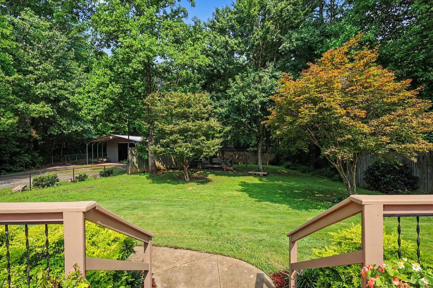 View from the deck across the backyard to the gazebo