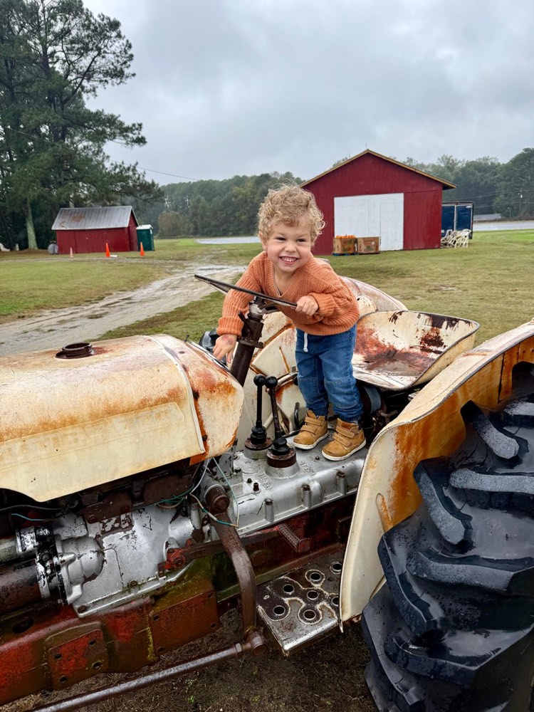 A young visitor at the wheel of the farm tractor